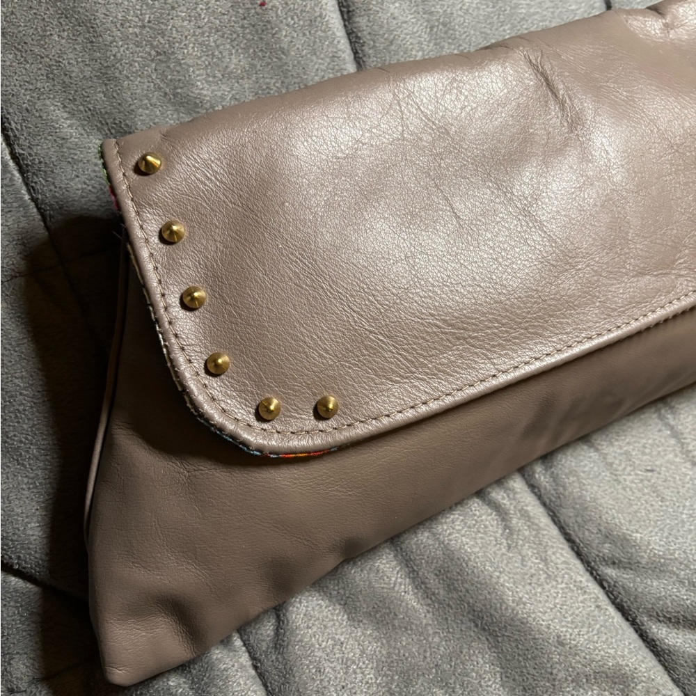 Elegant Taupe Clutch with Gold Studs